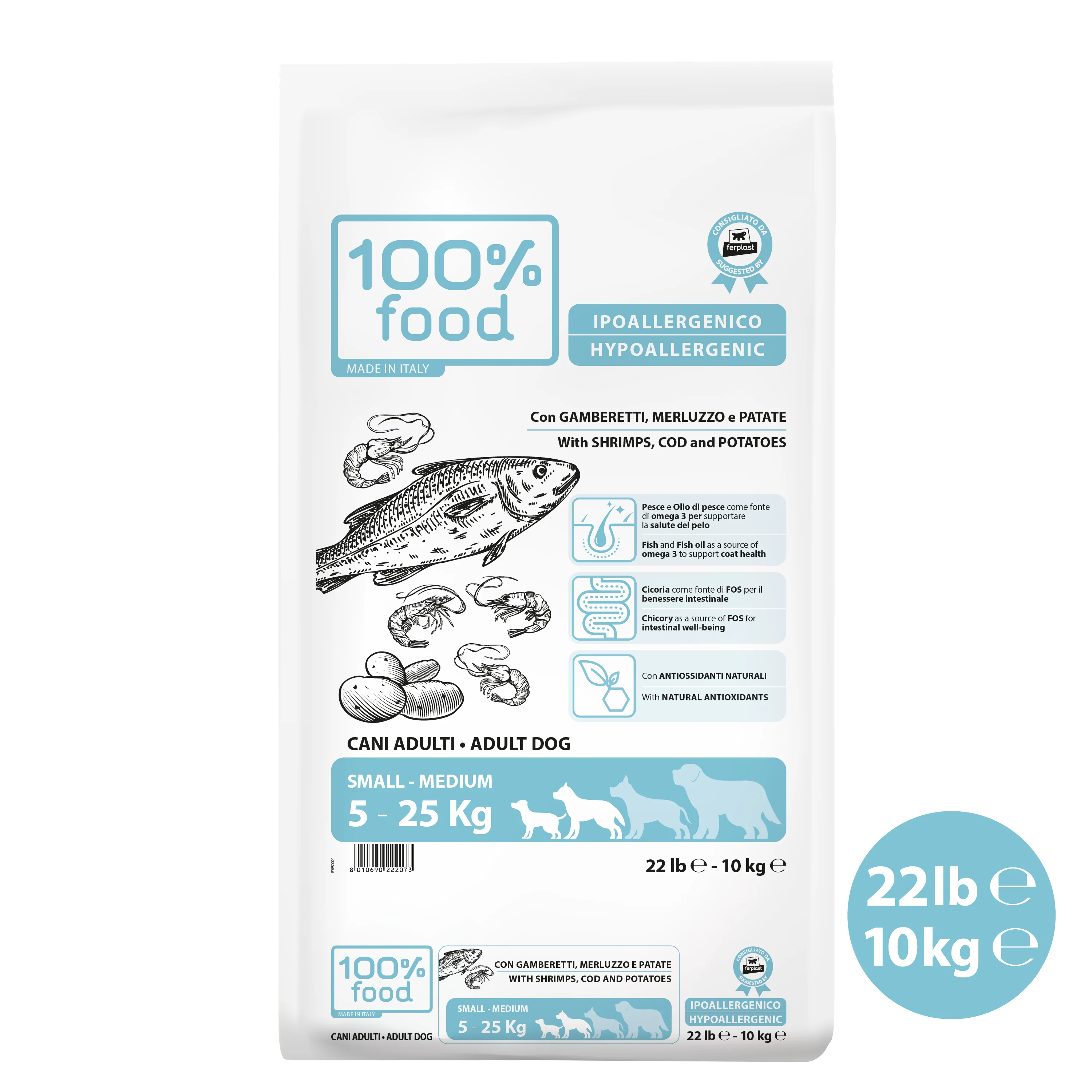 Crocchette per cani adulti Small & Medium – Merluzzo, Gamberetti e Patate – 10 kg