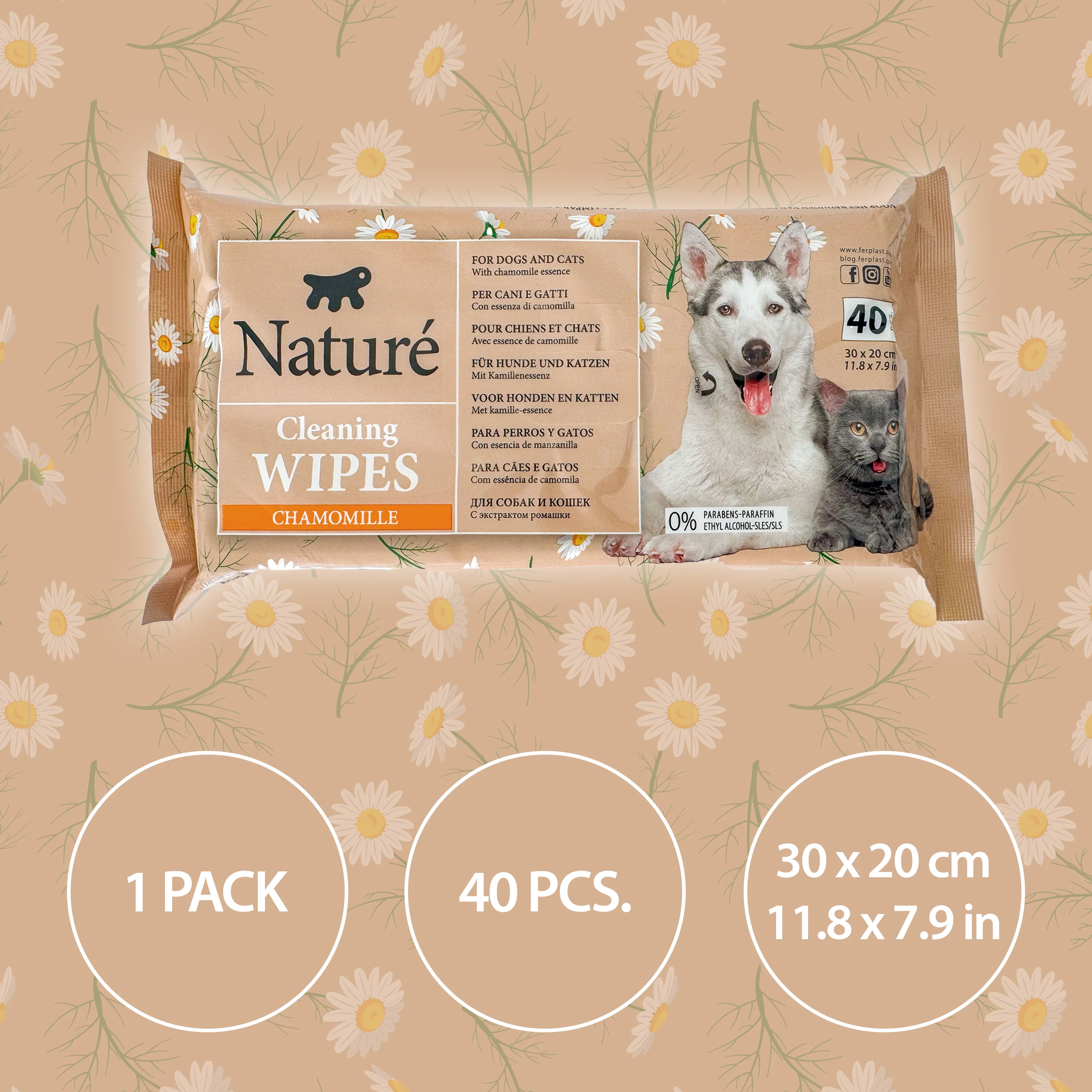 SALVIETTE ALLA CAMOMILLA PER CANI E GATTI NATURÉ (X40) - Image 2